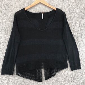 Free People Sweater Women Extra Small Black Lace Open Back Hi Low Crop Slub Knit